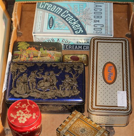 Huntley & Palmers faux wooden tin, Greens of Brighton Alice in Wonderland tin & other tins (9)